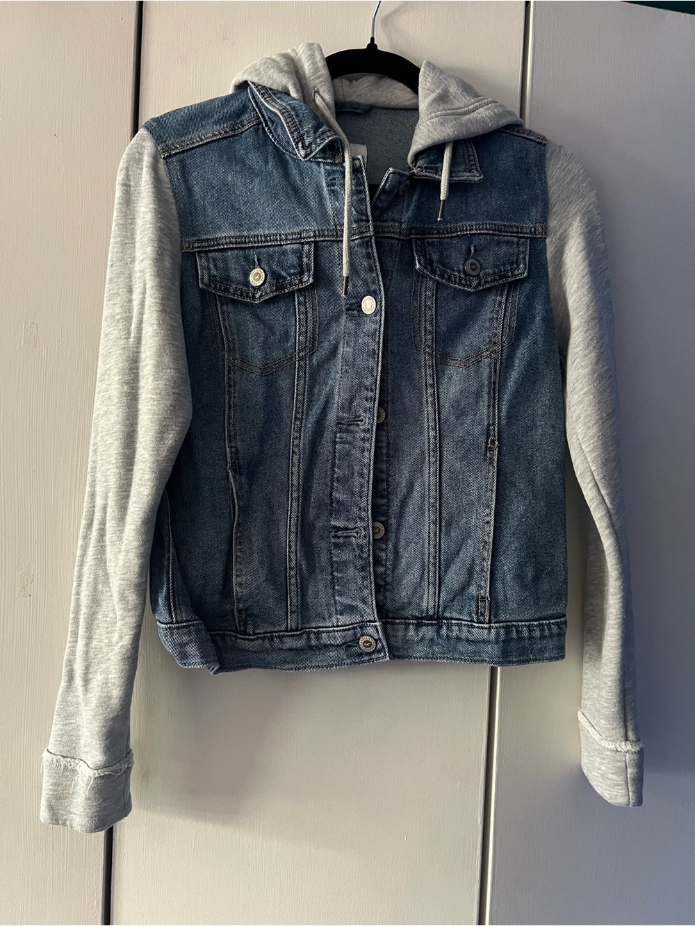 Hollister Blue Denim Jacket with Light Gray Hood & Sleeves
